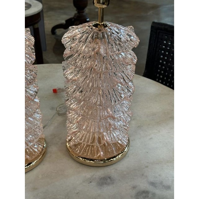 Decorative Pair of Pink Murano Brass "Ruffle" Lamps For Sale - Image 4 of 5