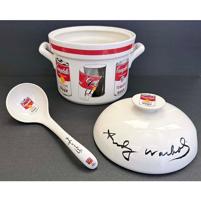 Portuguese made 3 piece ceramic soup terrine with lid and ladle. Colorful and Andy Warhol Cambell's Soup design on front,...