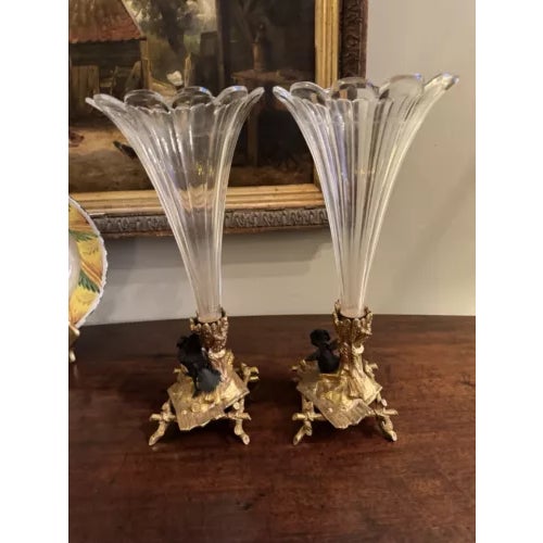 Antique Pair of Gilt Bronze and Baccarat Crystal French Cornucopia Vases For Sale In Minneapolis - Image 6 of 11