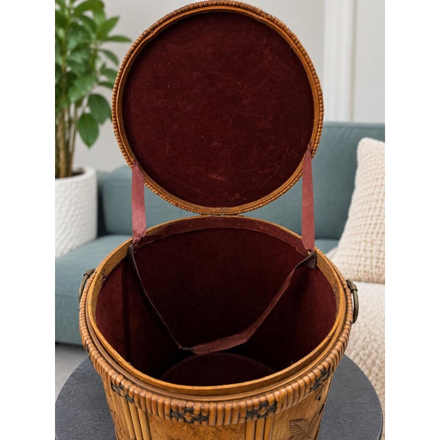 1970s Vintage Bamboo Rattan Wood Storage Chest Brass Accents Woven Basket With Lid 16” For Sale - Image 5 of 7