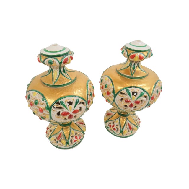 Antique Italian Polychrome and Gilt Embossed Reticulated Majolica Jewel Urns - a Pair For Sale - Image 4 of 13