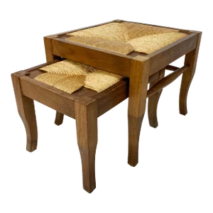 Vintage Nesting Wood and Rush Foot Stools, a Pair