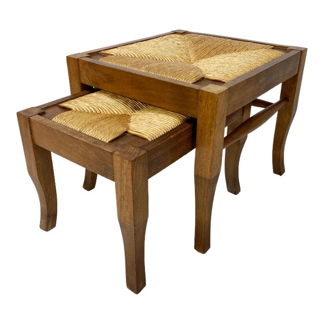 Vintage Nesting Wood and Rush Footstool Pair For Sale