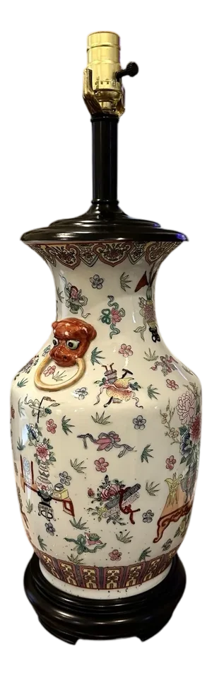Vintage 20th Century Chinoiserie / Chinese Export Famille Rose Ginger Jar / Vase Lamp With Foo Dog Handles