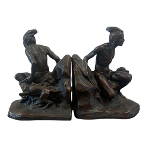 1930s Bronze Native Man & Dog Book Ends -Pair
