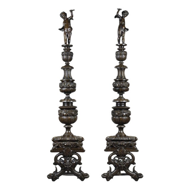 Large Renaissance Style Andirons in Patinated Bronze, 1880S, Set of 2 For Sale