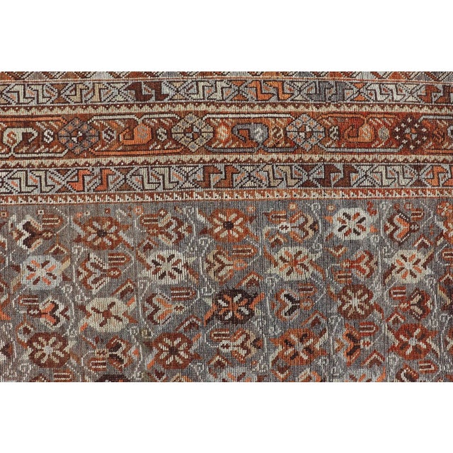 Early 20th Century Geometric Persian Shiraz Rug With Tri-Medallion Design in Shades Orange Blue For Sale - Image 9 of 13