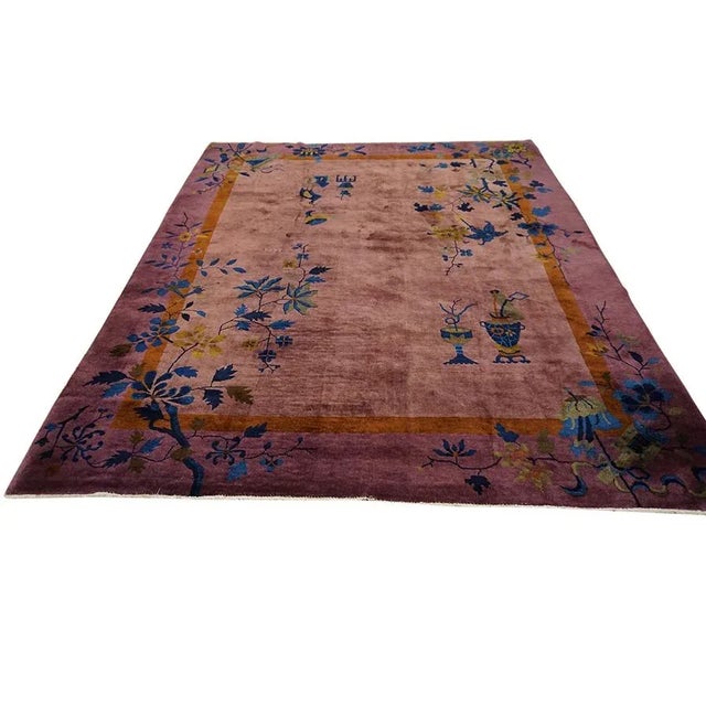 1920s Chinese Art Deco Carpet, Size: 8'x9' 6" loral Rectangle Antique Hand Knotted Pile Wool 1920s Purple Rug, Circa Date:...
