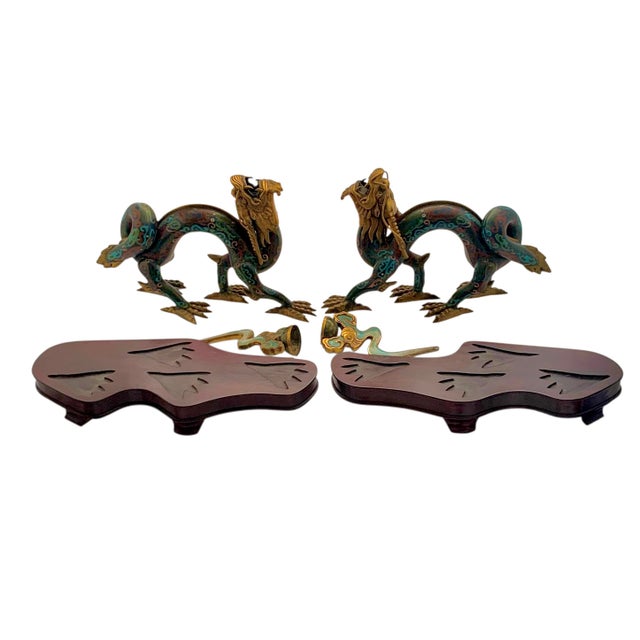 Late 20th Century Chinese Dragon Statue Pair Cloisonné Enamel on Wood Base Old Oriental Decor For Sale In Tulsa - Image 6 of 9