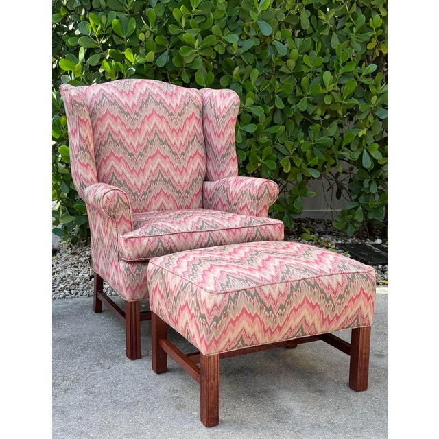 Vintage American Flamestitch Wingback Chair + Ottoman For Sale In Naples, FL - Image 6 of 11