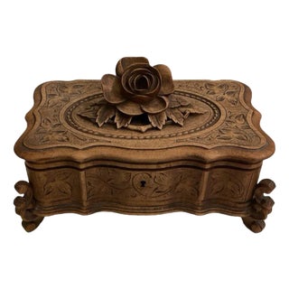 Early 20th Century Carved Footed Wood Box With Rose For Sale