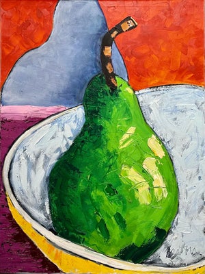 Suzanne Mears, Large Pop Art Oil Painting "Pear" Modernist Colorful Composition Suzanne Mears