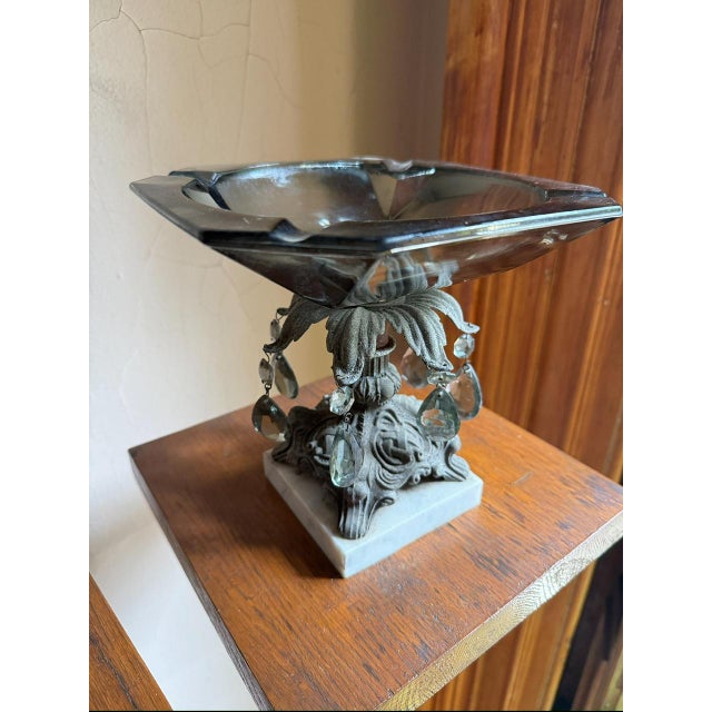 1950s Hollywood Regency Pedestal Centerpiece Bowl, Smoky Glass Ashtray With Marble Base For Sale - Image 13 of 15