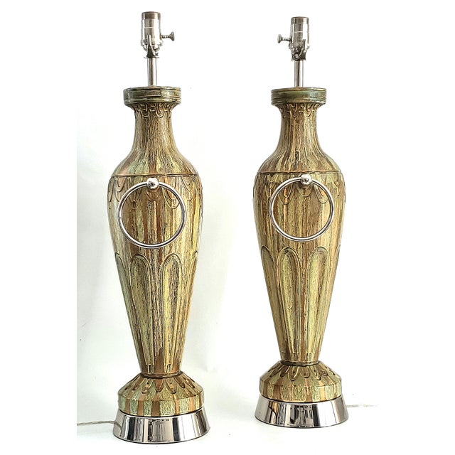Large Lamps Sage Green & Bronze Painted Plaster New Nickel Silver Hardware - Pair For Sale In Miami - Image 6 of 14
