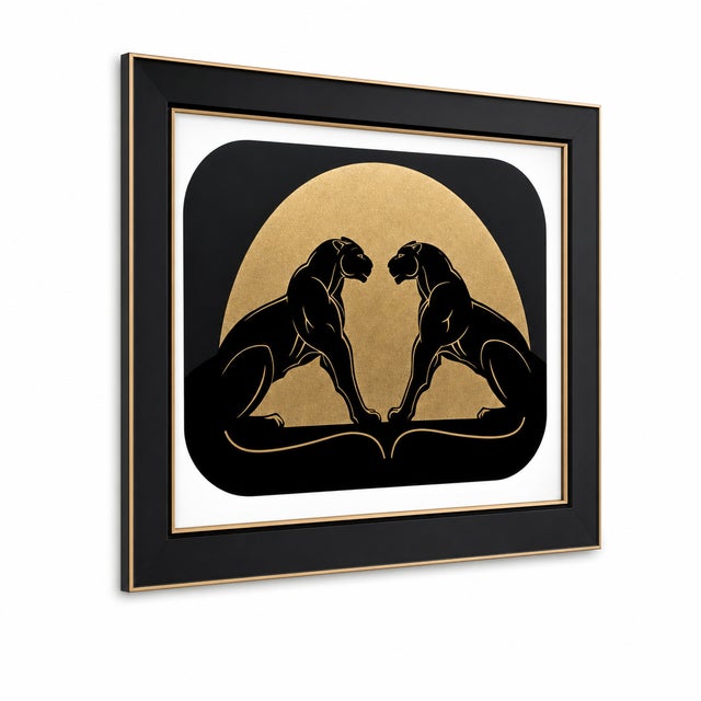 A bold, high‑contrast art piece featuring two mirrored black panthers outlined in gold, positioned against a radiant...