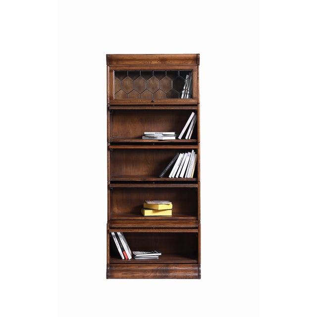 Mission Style Oak Barrister Bookcase 5 Stack-Leaded Glass in Walnut Stain For Sale - Image 10 of 18