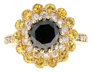 3.90 Carat Round Cut Black Diamond Sapphire Yellow Gold Engagement Ring Size 7