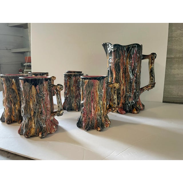 Mid-Century Modern Vintage Faux Bois Majolica Pitcher & Mug Set- 7 Pieces For Sale - Image 3 of 13