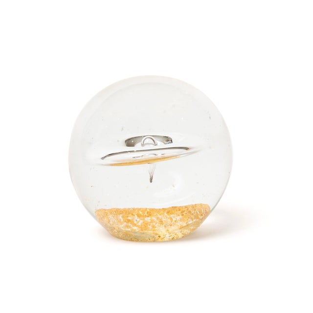 Beautiful pair of signed Coralla studio art glass paperweights featuring hand-blown frosted glass with rich gold...