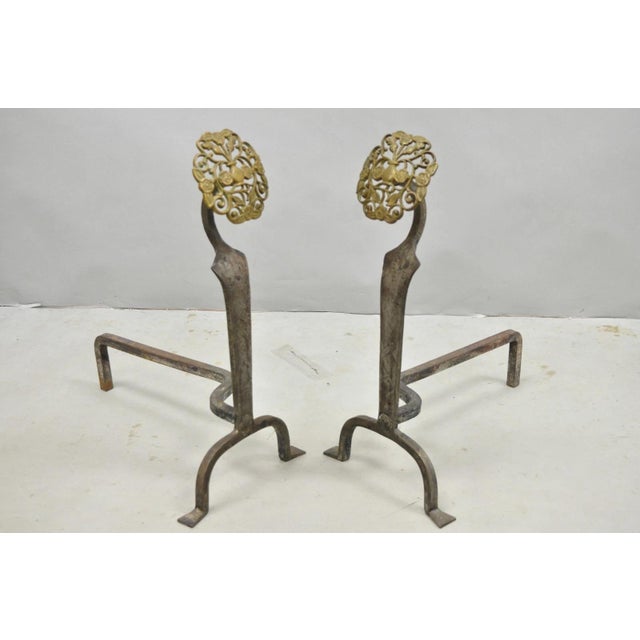 Antique French Art Nouveau Hand Hammered Wrought Iron & Bronze Floral Medallion Fireplace Andirons - a Pair. Circa Early...