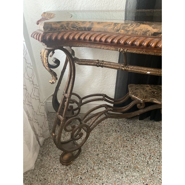 Metal 1990s Hollywood Regency Marble & Wrought Iron Console Table With Beveled Glass For Sale - Image 7 of 7