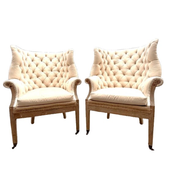 A Pair of Tufted Wingback Chairs in Ivory by Restoration Hardware Attributed to Ralph Lauren Heppelwhite Chairs For Sale - Image 17 of 18