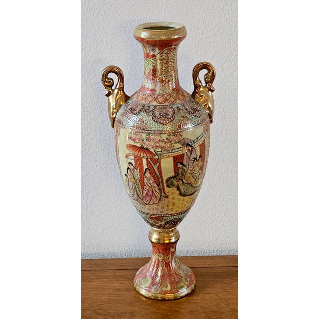 Japanese Vintage Japanese Satsuma Hand-Painted Moriage Urn Vase - 16.5” Tall For Sale - Image 3 of 17