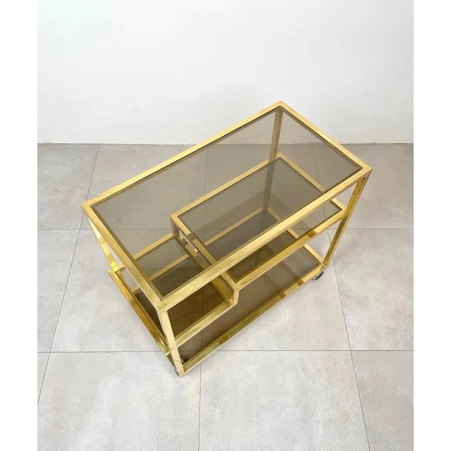 Serving Bar Cart in Brass and Smoked Glass, Italy, 1970s For Sale - Image 10 of 15