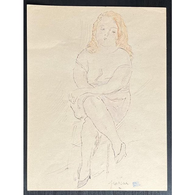 Modern Jules Pascin, Young Woman Seated, Original Mixed Media Drawing For Sale - Image 3 of 3