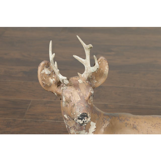 American 1950s Concrete Reclining Deer with Antlers and Weathered Appearance For Sale - Image 4 of 9