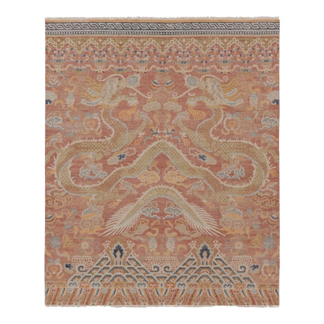 Rug & Kilim’s Distressed Dragon Rug, Rust and Gold With Dramatic Pictorials For Sale