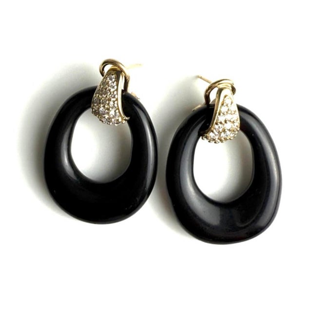 Black 14k Yellow Gold Door Knocker Earrings, 0.58ct Diamond & Onyx, New, A Pair For Sale - Image 8 of 9