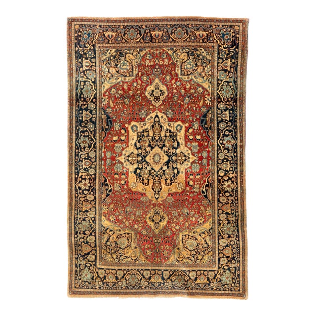 Antique Persian Red Light Blue Navy Blue Floral Mohtasham Kashan Rug circa 1880s For Sale