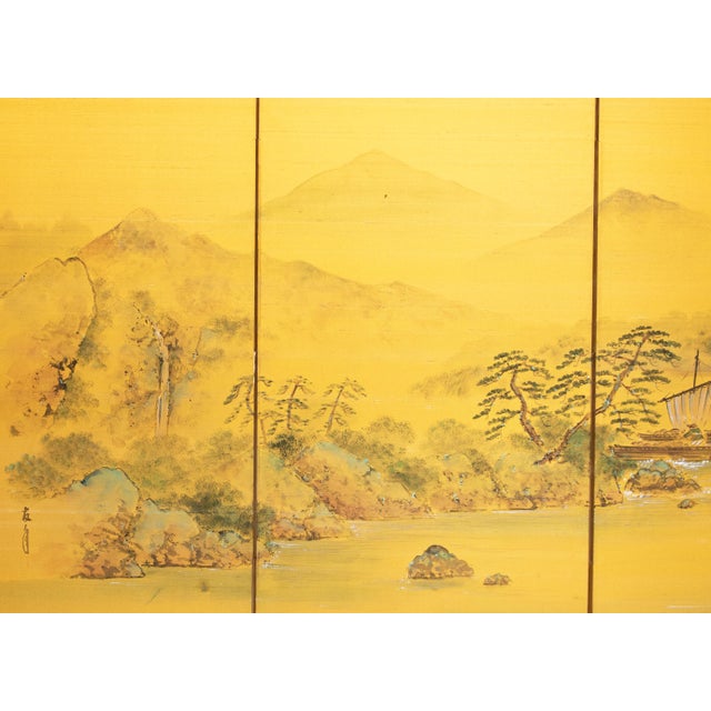 C. 1960s "Landscape With River and Boats", Showa Era Japanese Painted Silk Byobu Screen For Sale - Image 4 of 18