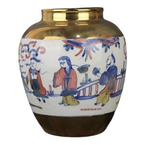 Chinese Vintage Ceramic Pot,Gold Ground Blue and White Famille Verter Porcelain Jar Hand Painted Eight Immortals Pattern