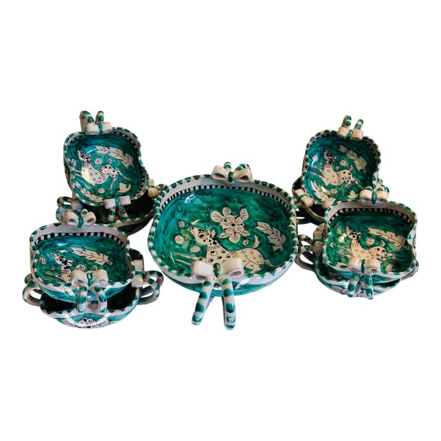 Vintage Italian Vietri Earthenware Pottery Handpainted Leaping Deer Emerald Green Salad Service for 8 For Sale