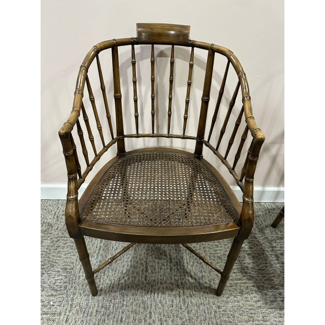 Traditional 1970’s Baker Furniture Regency Faux Bamboo Wood Chairs Pair For Sale - Image 3 of 8