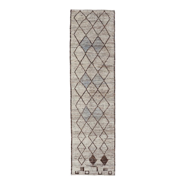 Modern Moroccan Style Tribal Runner With Geometric Patterns in Browns and Cream For Sale
