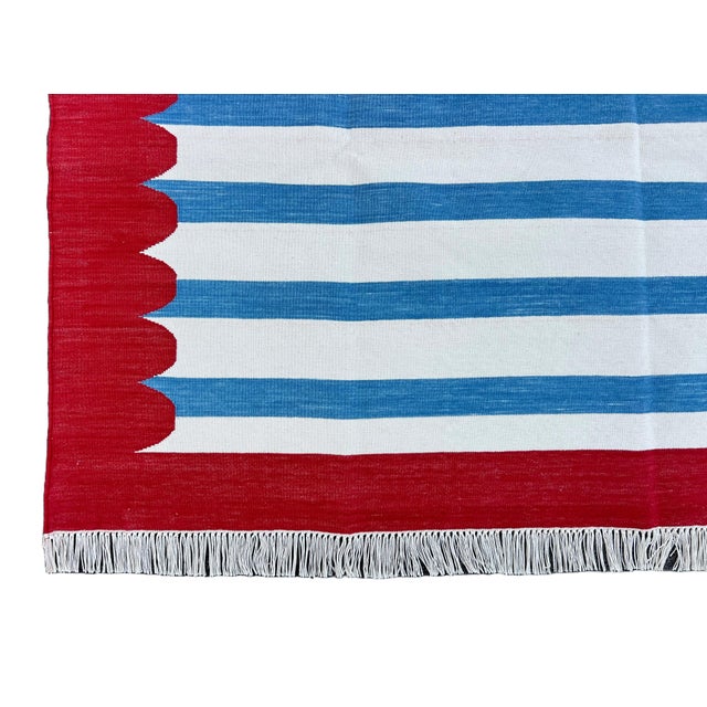 Handmade Cotton Area Rug, Blue and White Striped Scalloped Rug With Red Border - 3'x5' For Sale - Image 13 of 13