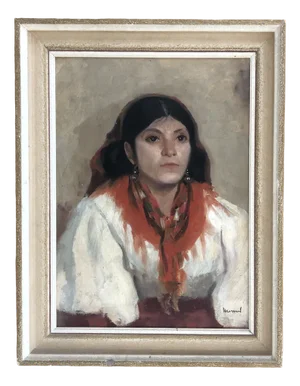 Edouard Morerod, Jeune Fille Espagnole au Foulard, Oil on Cardboard, Framed