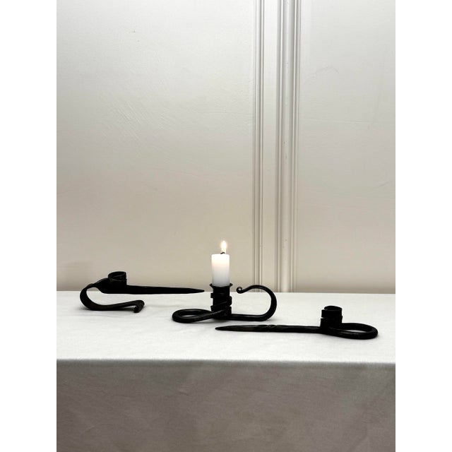 Vintage Brutalist Hand-Forged Iron Candle Taper Holders, Set of Three For Sale - Image 4 of 12