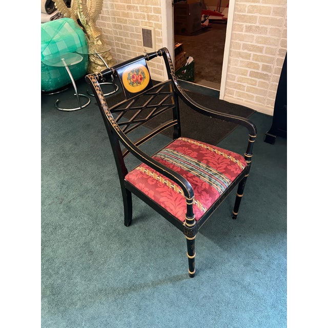 Black 1940s Hand Painted Italian Style Armchair Black & Gold Hollywood Regency For Sale - Image 8 of 9