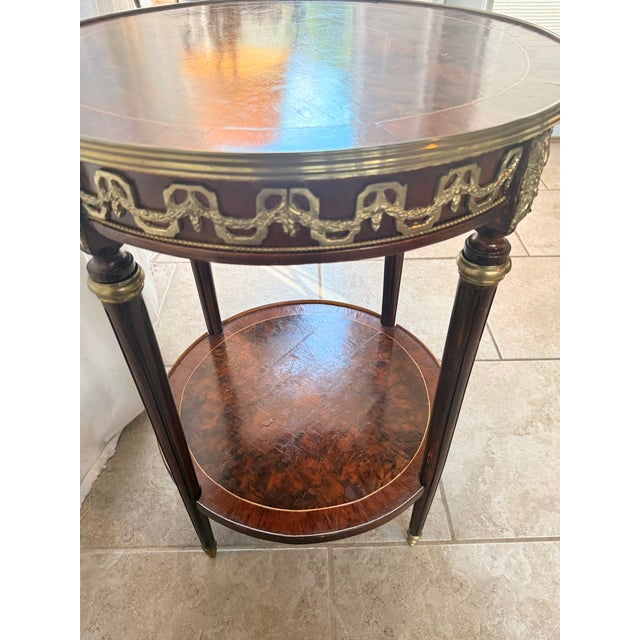 Vintage Neoclassical French Louis XVI Style Two-Tier Round Side Table With Ormolu Mounts For Sale - Image 16 of 18