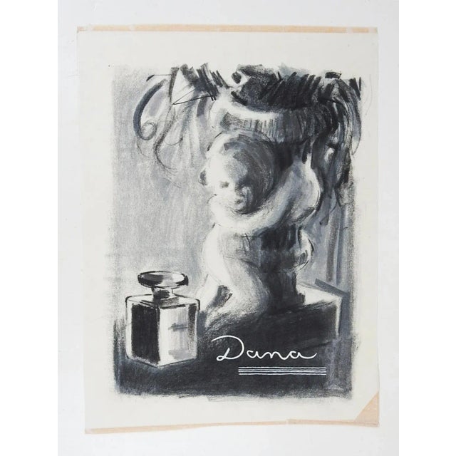 Vintage mid 20th century charcoal on thin paper advertising illustration drawing of Dana Perfume. Unsigned. Unframed, tape...