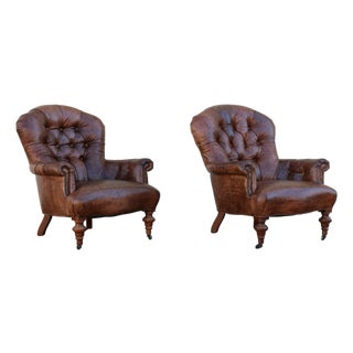 Pair of Vintage 1980s Distressed Brown Leather Tufted Library Armchairs For Sale