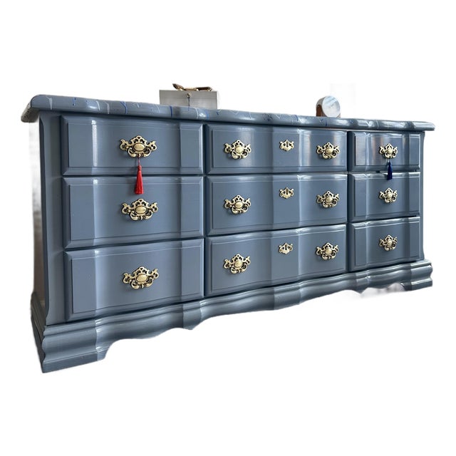1970s Large Blue Gray Double Dresser – Contemporary Glam Style For Sale