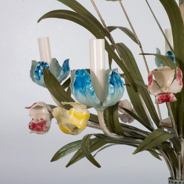 Green Painted tole floral motif chandelier For Sale - Image 8 of 11