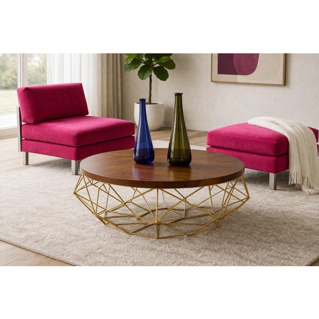 Mobile-Ready Description A striking architectural coffee table featuring a richly toned cognac walnut top set atop a...