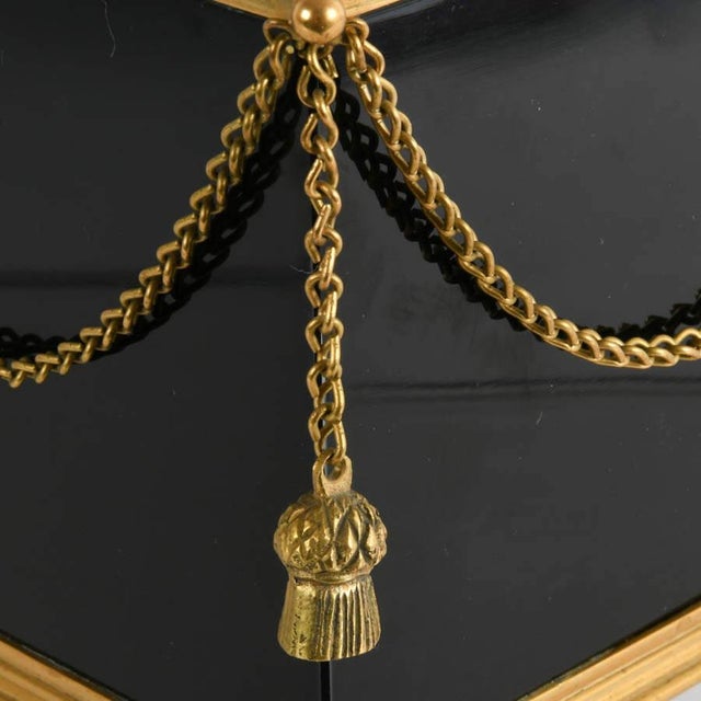 Neoclassical Brass & Black Opaline Glass Cache Pot With Tassel Swags For Sale - Image 4 of 5