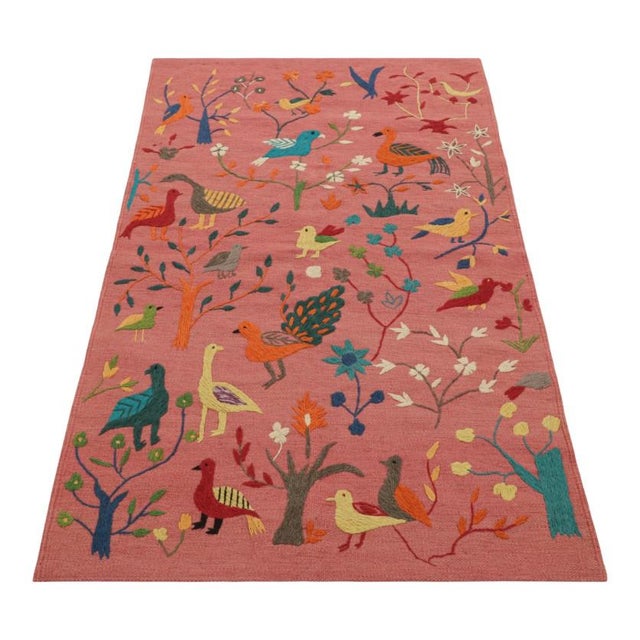 2010s Rug & Kilim’s Suzani Style Kilim in Pink With Bird Pictorials and Florals For Sale - Image 5 of 7